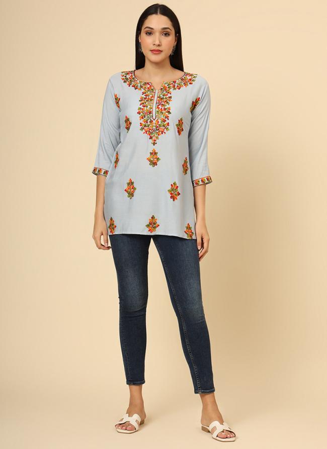 Rayon  Blue Office Wear Embroidery Work Readymade Top